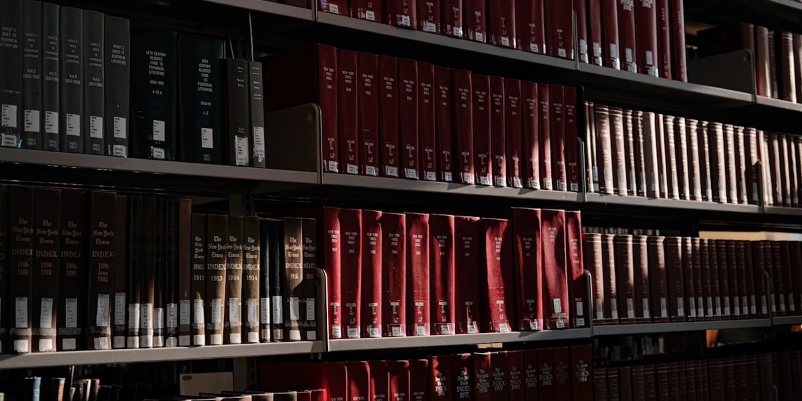 Rows of books on library shelves