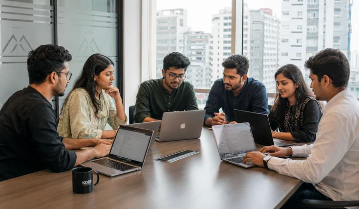 A research team collaborating around a table