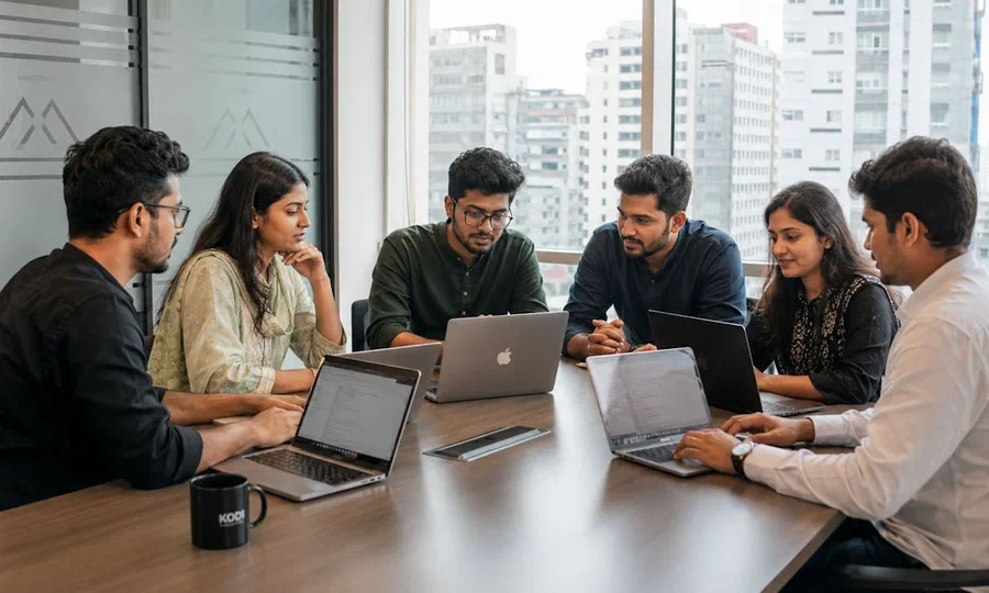 A research team collaborating around a table